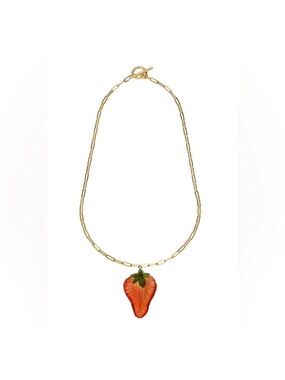 Gold Chain Necklace with Orange Strawberry Pendant - Women Jewelry